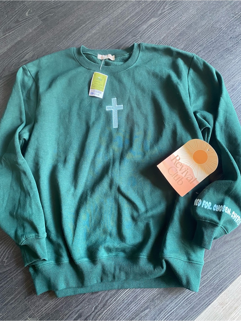 NWT Revival Club Green Christian Cross Sweatshirt Medium Crewneck